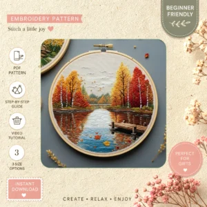 Main preview of nature's cottage birds cozy hand embroidery pattern showing birds, trees, and cottage in a hand stitched hoop art design