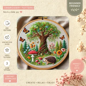 Main preview of nature's cottage birds tree hand embroidery pattern showing bird, birds, tree, cottage, and nature in a hand stitched hoop art design