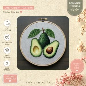 Main preview of nature's delight avocado two hand embroidery pattern showing leaf in a hand stitched hoop art design