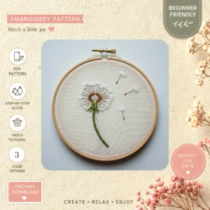 Main preview of nature's delight peaceful daisies hand embroidery pattern showing butterflies, floral, daisies, and garden in a hand stitched hoop art design
