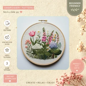 Main preview of nature's delight vibrant spring hand embroidery pattern showing birds, flowers, blossoms, and cottage in a hand stitched hoop art design