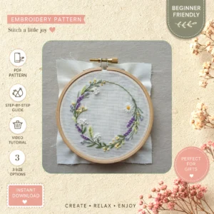 Main preview of nature's embrace celebrate spring hand embroidery pattern showing flowers, floral, leaves, wreath, and nature in a hand stitched hoop art design