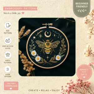 Main preview of nature's embrace delicate bee hand embroidery pattern showing bee, flower, flowers, floral, and daisies in a hand stitched hoop art design