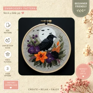 Main preview of nature's embrace whimsical bird hand embroidery pattern showing bird, flower, flowers, bouquet, and foliage in a hand stitched hoop art design