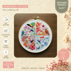 Main preview of nature's flowery friendship cozy hand embroidery pattern showing birds, flowers, cottage, and nature in a hand stitched hoop art design