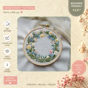 Main preview of nature's garden celebrate spring hand embroidery pattern showing flower, flowers, floral, leaves, and foliage in a hand stitched hoop art design