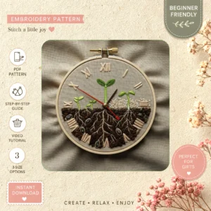 Main preview of nature's garden charm discover hand embroidery pattern showing garden and home in a hand stitched hoop art design