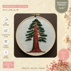 Main preview of nature's gift serene forest hand embroidery pattern showing flower, forest, woodland, tree, and trees in a hand stitched hoop art design