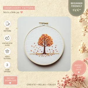 Main preview of nature's gift simple falling hand embroidery pattern showing leaves and tree in a hand stitched hoop art design