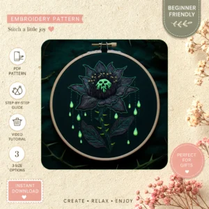 Main preview of nature's gothic twist embrace hand embroidery pattern showing flower, leaves, nature, and home in a hand stitched hoop art design