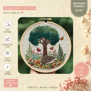 Main preview of nature's hideaway whimsical forest hand embroidery pattern showing butterflies, forest, woodland, tree, and nature in a hand stitched hoop art design