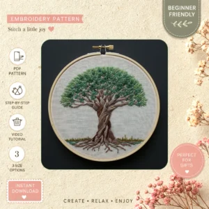 Main preview of nature's hope serene pine hand embroidery pattern showing tree, nature, and home in a hand stitched hoop art design