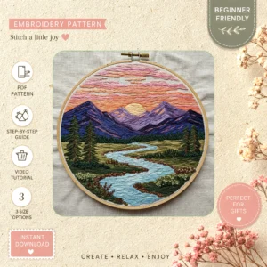 Main preview of nature's landscape scenic mountains hand embroidery pattern showing mountains, landscape, meadow, and nature in a hand stitched hoop art design