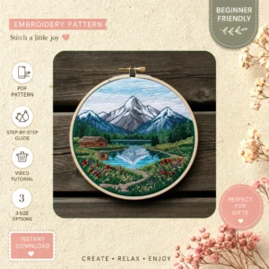 Main preview of nature's landscape scenic mountains meadows hand embroidery pattern showing deer, wildflowers, mountain, mountains, and landscape in a hand stitched hoop art design