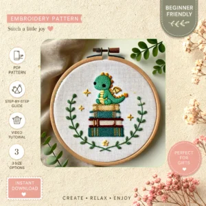 Main preview of nature's librarian turtle library hand embroidery pattern showing turtle, nature, and home in a hand stitched hoop art design