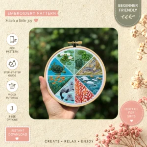 Main preview of nature's life vibrant ocean hand embroidery pattern showing birds, turtle, fish, nature, and ocean in a hand stitched hoop art design