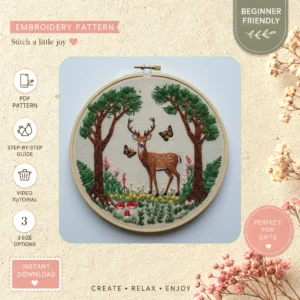 Main preview of nature's meadow serene deer hand embroidery pattern showing deer, butterflies, flowers, trees, and meadow in a hand stitched hoop art design