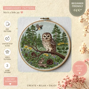 Main preview of nature's nighttime owl nest hand embroidery pattern showing owl, woodland, and nature in a hand stitched hoop art design