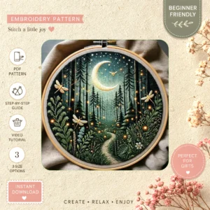 Main preview of nature's nocturne tranquil night hand embroidery pattern showing foxes, forest, woodland, nature, and moon in a hand stitched hoop art design