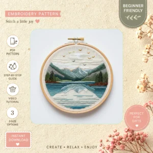 Main preview of nature's oasis serene lake hand embroidery pattern showing birds, mountains, landscape, lake, and nature in a hand stitched hoop art design