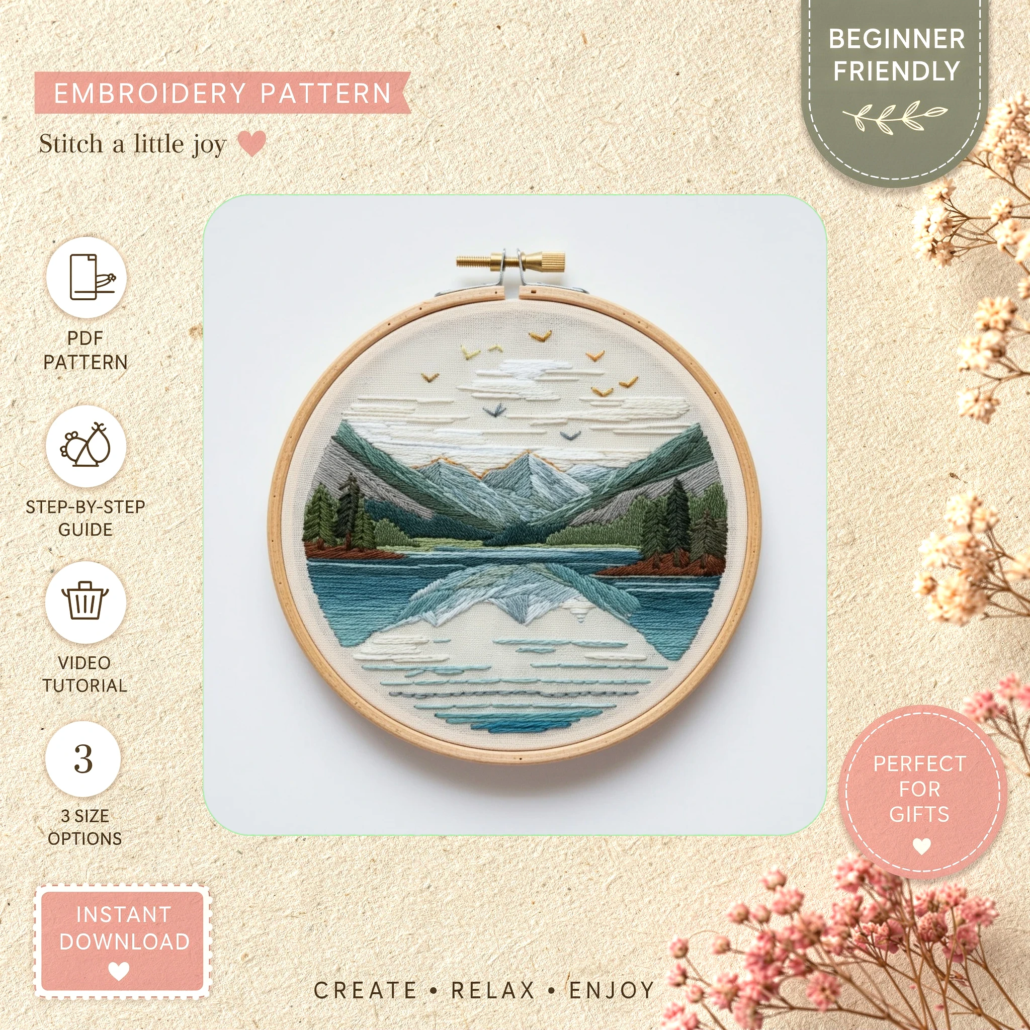 Main preview of nature's oasis serene lake hand embroidery pattern showing birds, mountains, landscape, lake, and nature in a hand stitched hoop art design