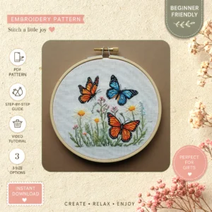 Main preview of nature's palette butterflies flower hand embroidery pattern showing butterflies, flower, flowers, and nature in a hand stitched hoop art design