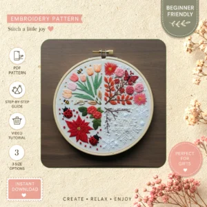 Main preview of nature's palette floral animals hand embroidery pattern showing birds, butterflies, flowers, floral, and nature in a hand stitched hoop art design