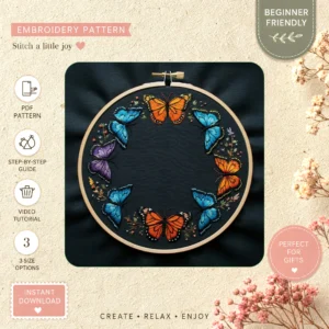 Main preview of nature's palette fluttering butterflies hand embroidery pattern showing butterflies, flowers, and nature in a hand stitched hoop art design