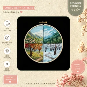 Main preview of nature's palette harmonious trees hand embroidery pattern showing flowers, foliage, mountains, trees, and sky in a hand stitched hoop art design