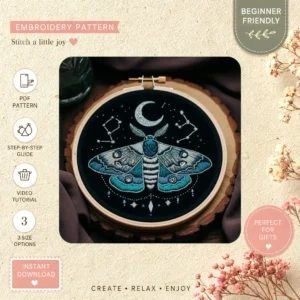 Main preview of nature's palette intricate large hand embroidery pattern showing butterfly, floral, sky, nature, and stars in a hand stitched hoop art design