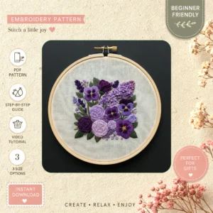 Main preview of nature's palette purple lavender hand embroidery pattern showing flowers, bouquet, lavender, and nature in a hand stitched hoop art design