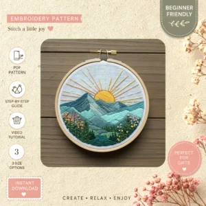 Main preview of nature's palette serene mountain hand embroidery pattern showing mountain, mountains, landscape, river, and sunset in a hand stitched hoop art design