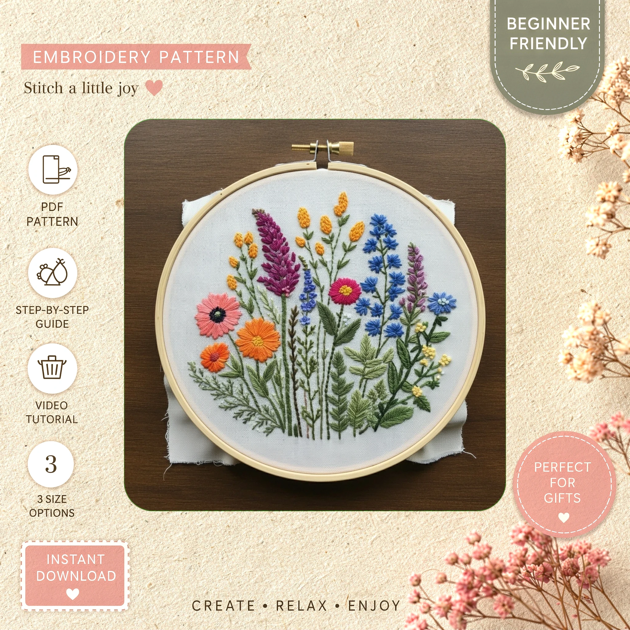 Main preview of nature's palette vibrant floral bouquet hand embroidery pattern showing floral, bouquet, wildflowers, and nature in a hand stitched hoop art design