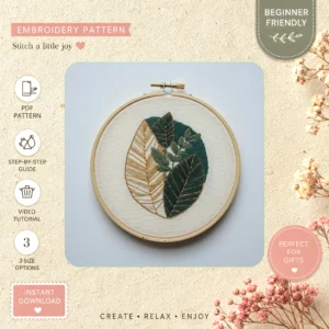 Main preview of nature's palette vibrant floral hand embroidery pattern showing floral, leaf, and nature in a hand stitched hoop art design