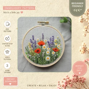 Main preview of nature's palette vibrant flower hand embroidery pattern showing birds, flower, bouquet, nature, and home in a hand stitched hoop art design