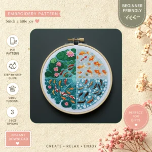 Main preview of nature's palette vibrant flowers hand embroidery pattern showing birds, fish, flowers, floral, and bouquet in a hand stitched hoop art design