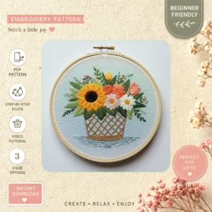 Main preview of nature's palette vibrant sunflowers hand embroidery pattern showing bouquet, wildflowers, nature, and home in a hand stitched hoop art design