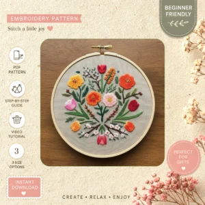 Main preview of nature's palette vivid floral hand embroidery pattern showing flowers, floral, leaves, and nature in a hand stitched hoop art design