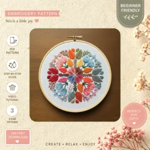 Main preview of nature's palette vivid floral vibrant hand embroidery pattern showing flowers, floral, leaves, and nature in a hand stitched hoop art design
