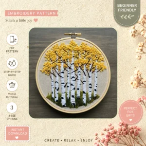Main preview of nature's pine forest serene hand embroidery pattern showing forest and trees in a hand stitched hoop art design