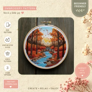 Main preview of nature's retreat serene mountain hand embroidery pattern showing mountain and trees in a hand stitched hoop art design