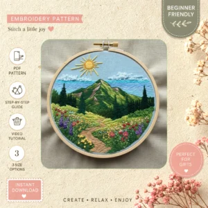 Main preview of nature's scenic pastoral landscape hand embroidery pattern showing mountains, landscape, cottage, valley, and sky in a hand stitched hoop art design