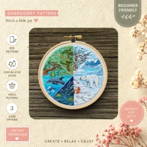 Main preview of nature's scenic winter wildlife hand embroidery pattern showing birds, deer, forest, and nature in a hand stitched hoop art design