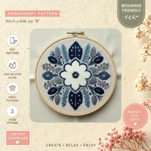 Main preview of nature's serene flowers leaves hand embroidery pattern showing flowers, floral, leaves, and nature in a hand stitched hoop art design