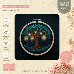 Main preview of nature's serene night tranquil hand embroidery pattern showing garden, tree, sky, and night in a hand stitched hoop art design