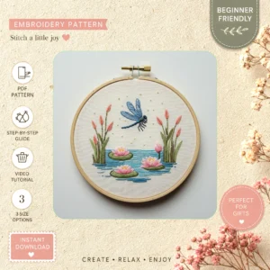 Main preview of nature's serenity peaceful dragonfly hand embroidery pattern showing dragonfly and flowers in a hand stitched hoop art design