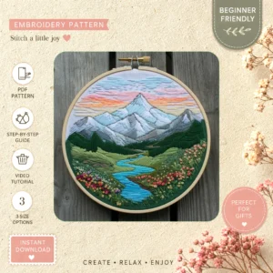 Main preview of nature's serenity peaceful mountain hand embroidery pattern showing wildflowers, mountain, landscape, river, and nature in a hand stitched hoop art design