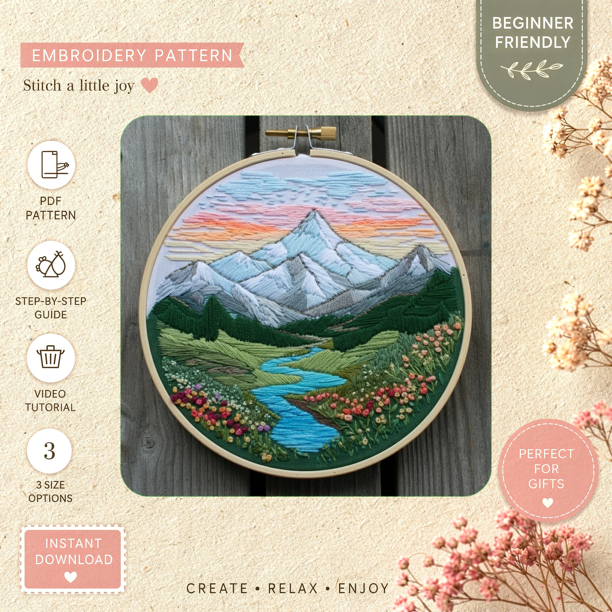 Main preview of nature's serenity peaceful mountain hand embroidery pattern showing wildflowers, mountain, landscape, river, and nature in a hand stitched hoop art design