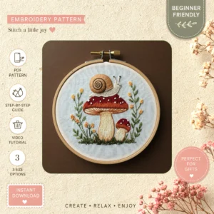 Main preview of nature's snail mushrooms embroidered hand embroidery pattern showing snail, floral, and home in a hand stitched hoop art design