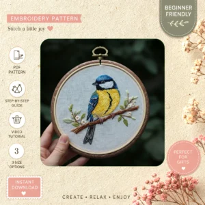 Main preview of nature's song blue bird hand embroidery pattern showing bird and nature in a hand stitched hoop art design